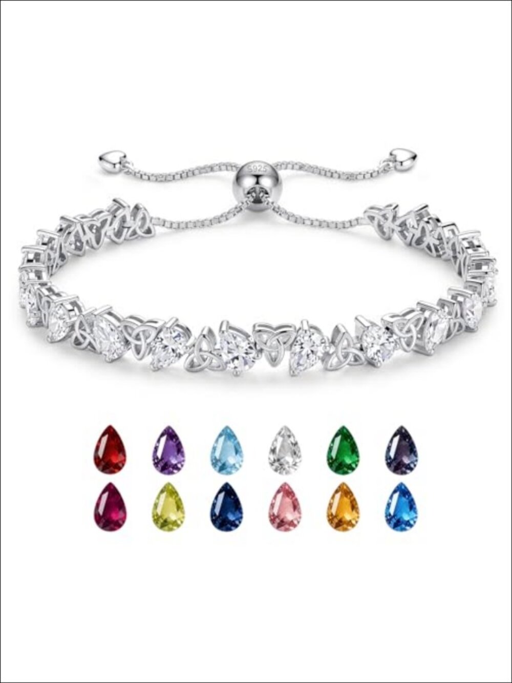 Pear Cut Cubic Zirconia Tennis Bracelet Adjustable Bolo 925 Silver Celtic Knot